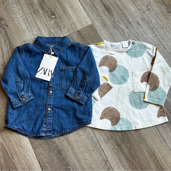 New Zara Blue Denim Shirt and Patterned Top Set - Picture 1 of 3
